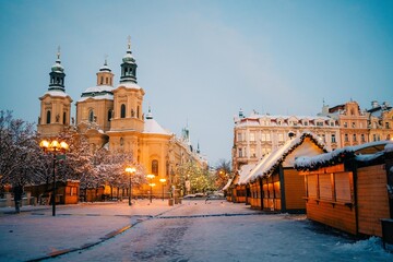 Snow winter morning in Prague, Christmas Market - obrazy, fototapety, plakaty