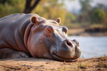 young hippo resting and sleeping by the river with an happy smile...