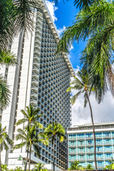 Fototapeta na wymiar Colorful Hotels Buildings Palm Trees Waikiki Beach Honolulu Hawa