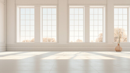 Empty minimal room with windows and natural light floor