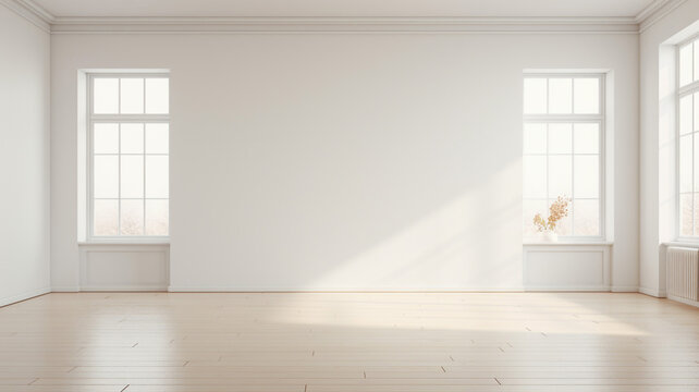 Empty minimal room with windows and natural light surface