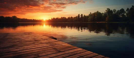Tuinposter Sunset next to lake on wooden platform © 2rogan