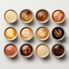 Top View Side Coffee Cup Collection, White Background, For Design And Printing