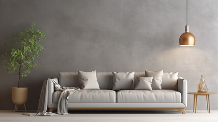 Home interior mockup with gray sofa flower decor