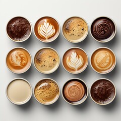 Top View Side Coffee Cup Collection, White Background, For Design And Printing