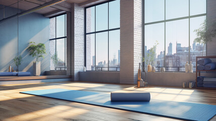 Gym loft interior with blue yoga mat big windows
