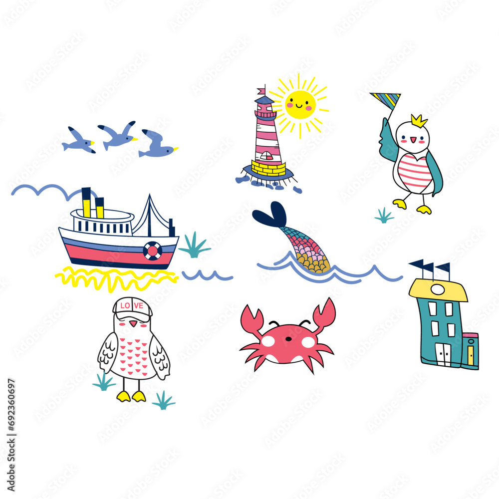 Wall mural sea boat bird crab print vector art