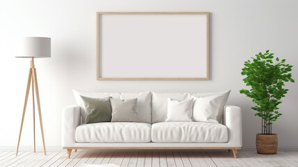Fototapeta na wymiar Horizontal picture frame in bright modern living room