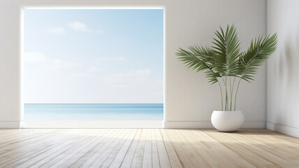 Indoor plant on wooden floor and minimal furniture white - obrazy, fototapety, plakaty