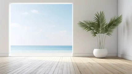 Foto auf Acrylglas Indoor plant on wooden floor and minimal furniture white © BornHappy