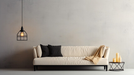 Industrial black lamp next to beige couch with blank