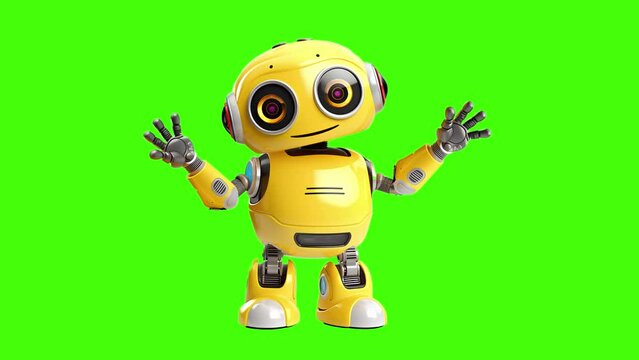 Yellow Android robot moving on a green screen background
