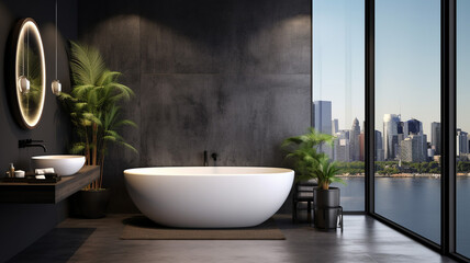 Interior of modern bathroom with concrete and black