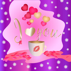 cute i love you background  with red and pink hearts, cup with a kiss for Valentine's Day. Template for congratulations