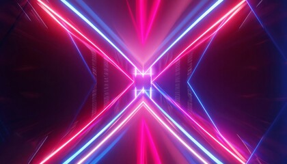 3d rendering,symmetrical curve abstract neon background with ascending pink blue red glowing lines, light beam. Fantastic wallpaper with colorful laser