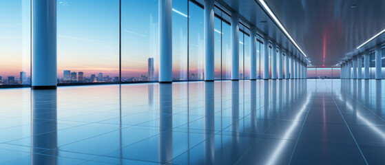 Light blue blurred office or mall hallway panorama.generative ai