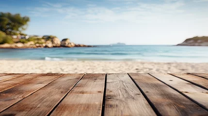 Photo sur Plexiglas Descente vers la plage Empty Wooden Planks with Beach and Sea in Background