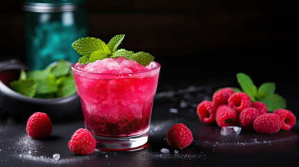 Raspberry Sour Candy Cocktail with icing sugar and mint leave AI Generative
