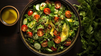 Top View of a Bowl of Mixed Green Salad with Vinaigrette