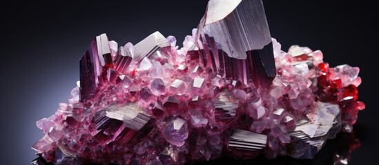 Primary lithium minerals include gleaming lithium mica lepidolite and spodumene crystal with traces of red lithium tourmaline elbaite.