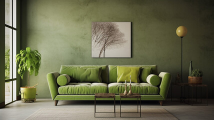 Living room interior with soft minimalist green sofa lounge