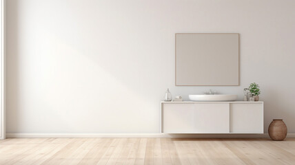 Minimalist bathroom with plaster walls and parquet residence