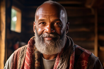 Close-up portrait of bald and bearded african american senior man in log cabin