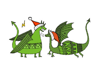 Couple of Dragons character with Santa hats. Symbol of Chinese New Year 2024 for your design - 692363650