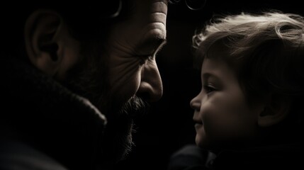 A touching and sincere close-up portrait of father and son. Fatherhood beyond stereotypes. Father's day concept. - obrazy, fototapety, plakaty