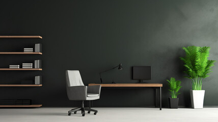 Office interior with blank black wall