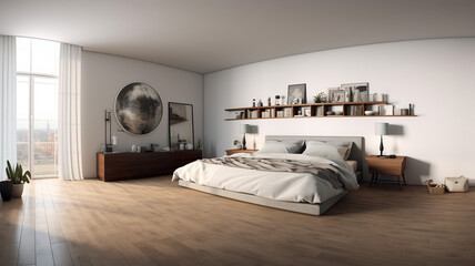 Panorama of minimalistic mans room