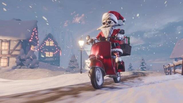 Cheerful Santa Claus rides on a vintage scooter with gifts and along a winter snowy rural road. Animated greeting Christmas card.