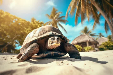 Foto op Canvas Galapagos tortoise on the sand with palm trees and sunshine on the background © alter_photo