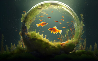 A circular aquarium with a goldfish swimming among seaweed, Generative AI