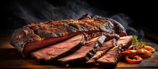 Texas BBQ brisket smoked with hickory on a chamber grill. - obrazy, fototapety, plakaty