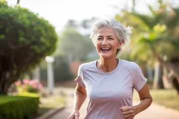 Deurstickers Portrait of smiling senior woman jogging in park on a sunny day. © Viewvie