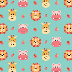Colorful doodle cute jungle animals seamless pattern illustration