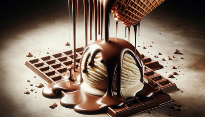 An image of melting chocolate dripping over a scoop of vanilla ice cream - Generative AI - obrazy, fototapety, plakaty
