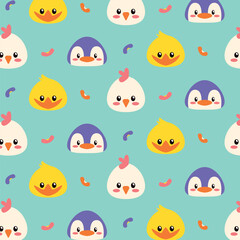 Colorful doodle cute jungle animals seamless pattern illustration