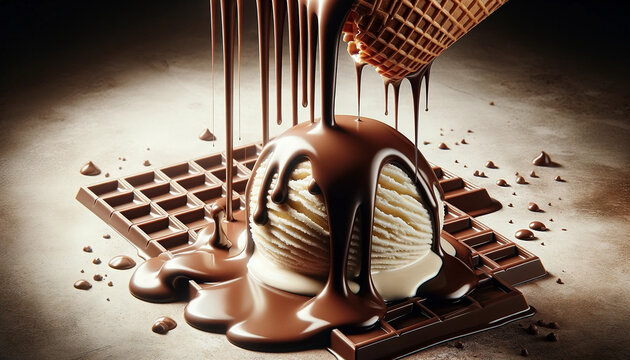 An image of melting chocolate dripping over a scoop of vanilla ice cream - Generative AI