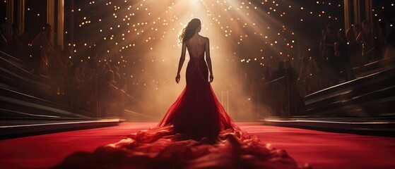 Elegant woman in red gown walking up grand staircase at gala event. Luxury and high fashion. - obrazy, fototapety, plakaty