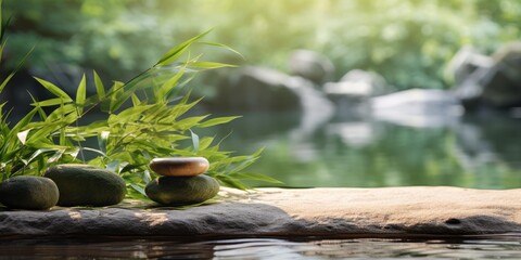 Product display on a rock in an empty spa landscape background, beautiful green bamboo plants and fresh water flow in sunshine with asian zen spirit