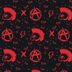 Hand drawn scream punk rock skull head seamless pattern illustration