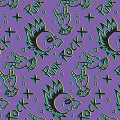 Hand drawn scream punk rock skull head seamless pattern illustration
