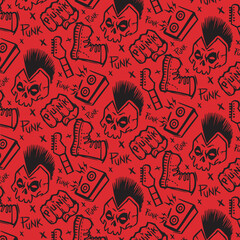 Hand drawn scream punk rock skull head seamless pattern illustration