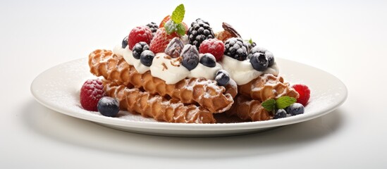 Fototapeta premium Tower of Sicilian cannoli with assorted flavors on white dish atop wicker centerpiece.
