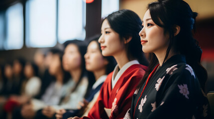 A horizontal side view shot of Japanese women joining the seminar for women. Generative AI. - obrazy, fototapety, plakaty