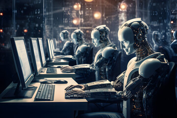 Artistic image of artificial intelligence office work. Generative AI.