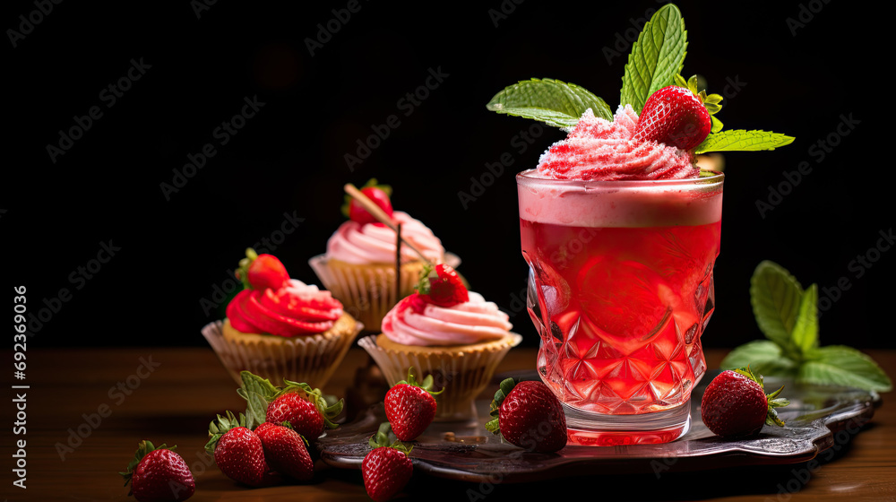 Poster a glass strawberry cocktail with creamy cup cake ai generative