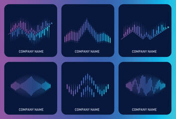 Set of different candle stick charts for trading and finance business reports and presentations. Graph showing profit and loss trends. vector waves with lines in a purple blue gradient - obrazy, fototapety, plakaty